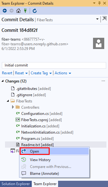 Visual Studio 2019 팀 탐색기의 [세부 정보 커밋] 보기에 있는 파일 상황에 맞는 메뉴의 열기 옵션 스크린샷