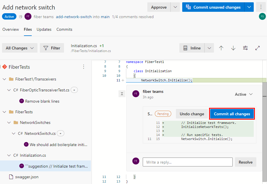 Azure Repos P R의 파일 탭에서 모든 변경 내용을 커밋하는 방법을 보여 주는 스크린샷