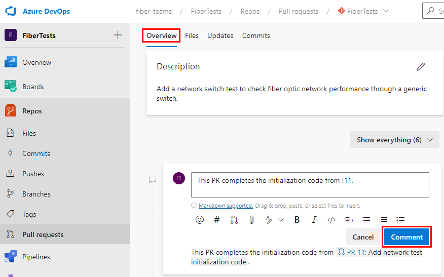 Azure Repos P R의 개요 탭에 있는 메모 상자의 스크린샷