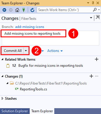 Visual Studio 2019의 '커밋 메시지 텍스트 및 '모두 커밋' 단추 스크린샷