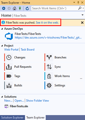 Visual Studio 2019의 '팀 탐색기' '홈' 보기에 있는 '웹에서 보기' 링크의 스크린샷