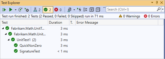 두 개의 테스트가 통과된 단위 테스트 탐색기의 스크린샷.