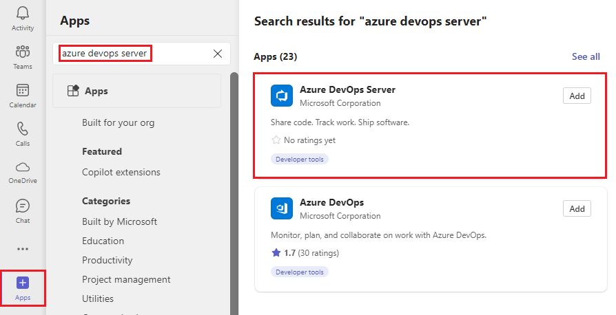 Teams에서 Azure DevOps Server 검색을 보여 주는 스크린샷