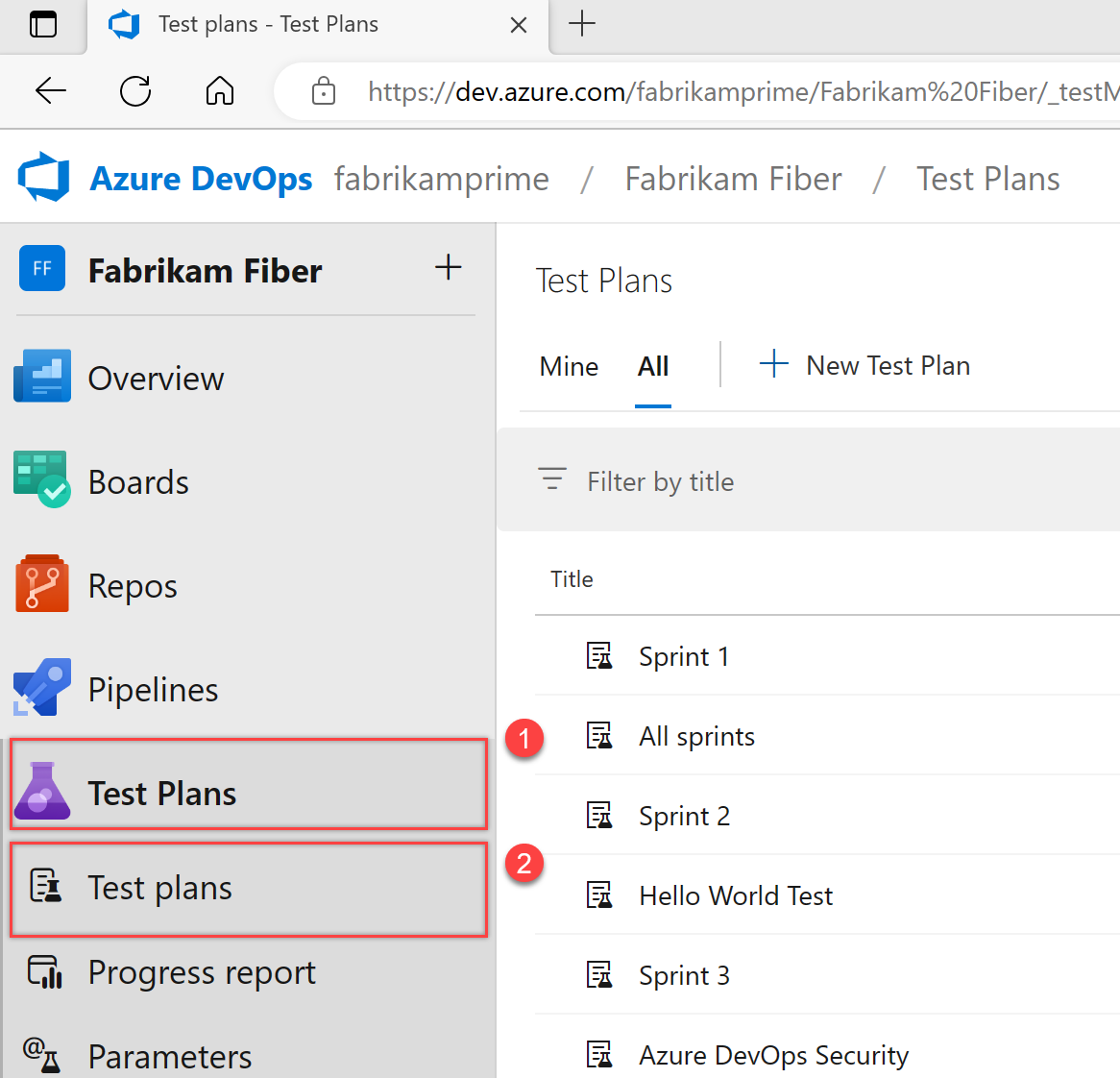 Azure DevOps Server 2020 및 Azure DevOps Services에 대한 테스트 계획 목록 페이지를 여는 스크린샷