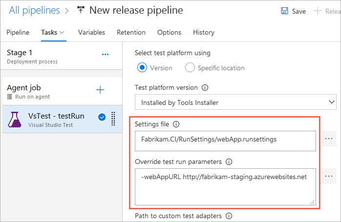 스크린샷은 Visual Studio 테스트 태스크의 속성을 지정하는 것을 보여줍니다.