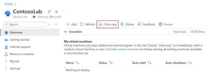 DevTest Labs에 가상 머신을 클레임하도록 지시하는 방법을 보여 주는 스크린샷