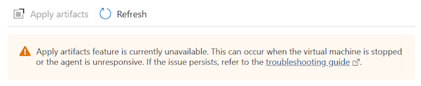 DevTest Labs 가상 머신에 적용할 수 없는 아티팩트를 보여 주는 메시지의 스크린샷.