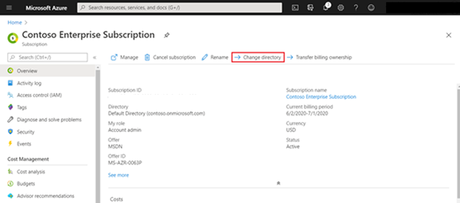 디렉터리 변경이 강조 표시된 Contoso Enterprise 구독 페이지의 스크린샷