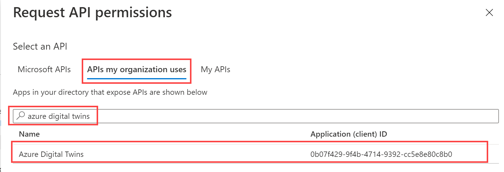 Azure Digital Twins를 보여주는 Azure Portal의 'API 권한 요청' 페이지 검색 결과의 스크린샷.