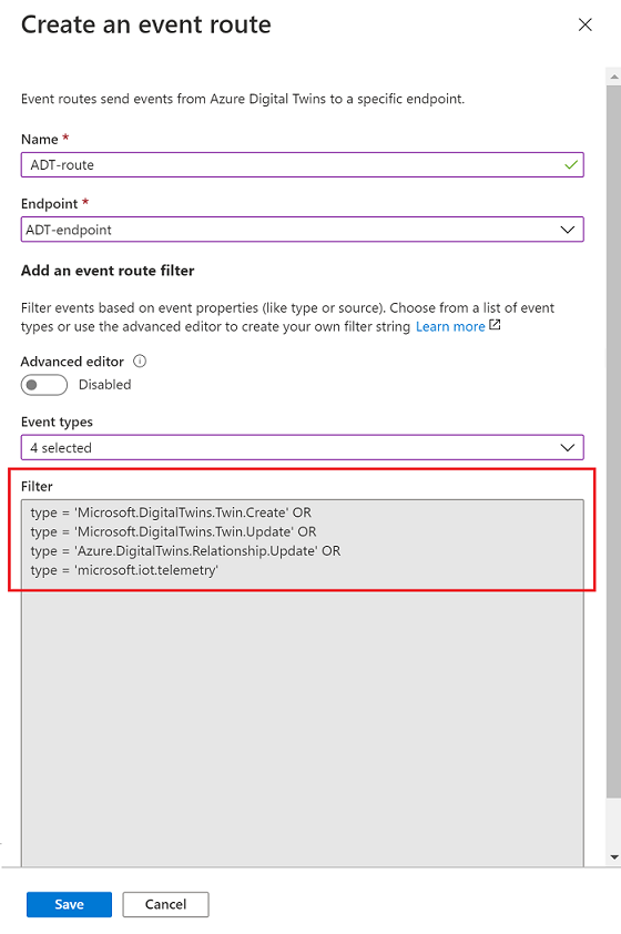 Azure Portal에서 기본 필터를 사용하여 이벤트 경로를 만드는 스크린샷으로, 이벤트 선택 후 자동 입력된 필터 텍스트가 강조 표시됩니다.