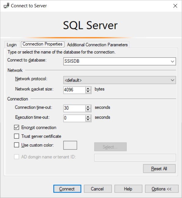 SSIS 연결 속성 탭 스크린샷.