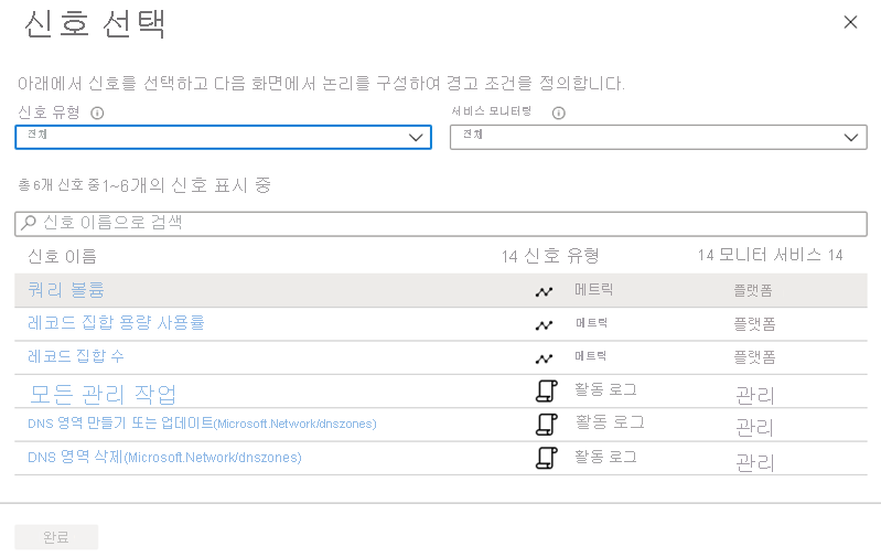 신호 선택 페이지의 사용 가능한 메트릭 스크린샷