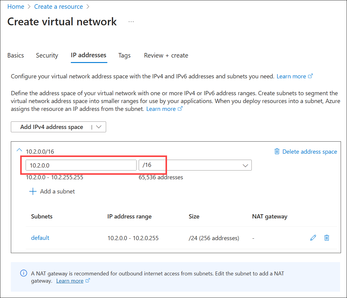 VNet IPv4 주소 공간을 지정하는 스크린샷