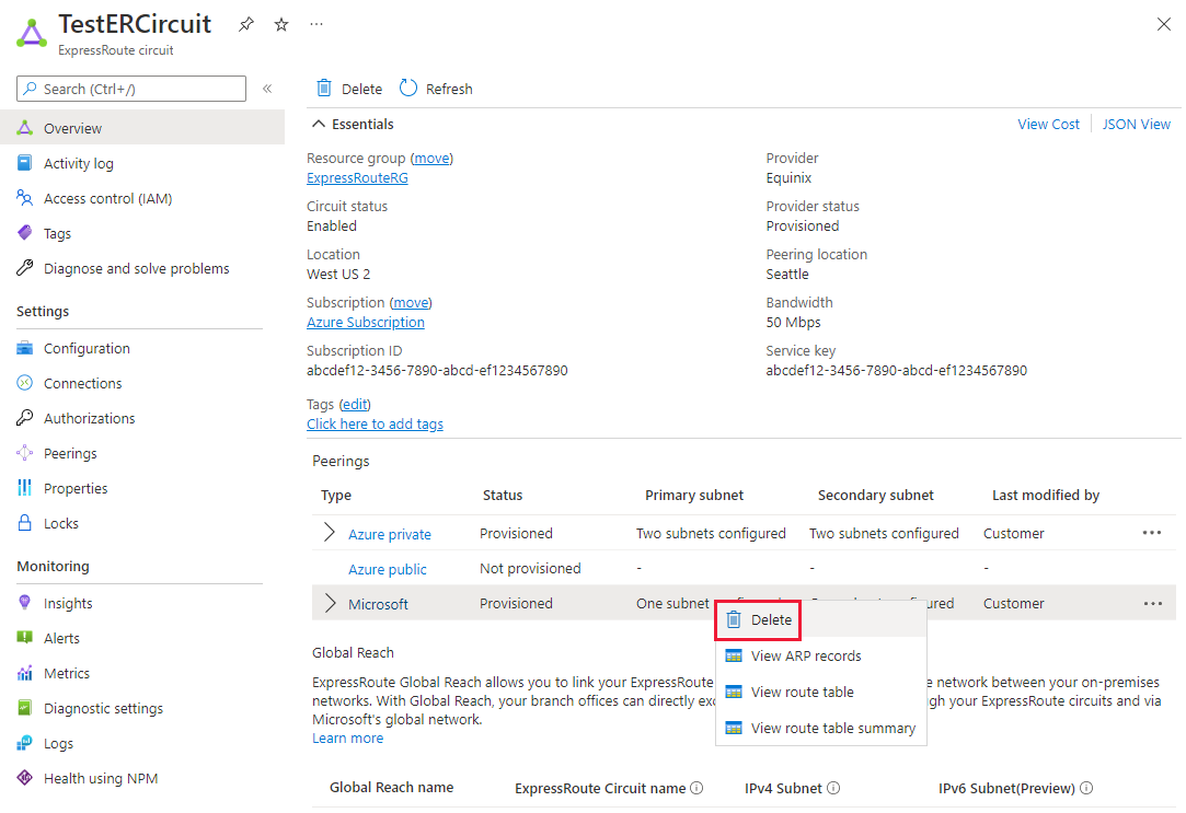 Microsoft 피어링을 삭제하는 방법을 보여주는 스크린샷.