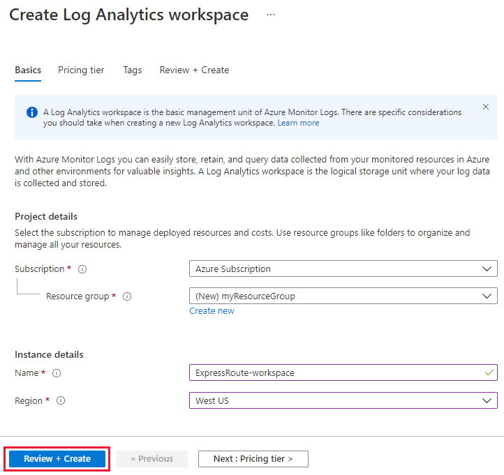 Log Analytics 작업 영역 만들기의 기본 탭 스크린샷.