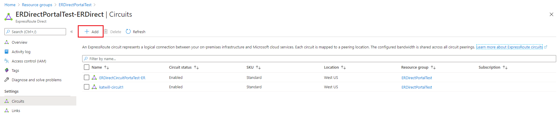 Screenshot of add a circuit button to an ExpressRoute Direct resource.