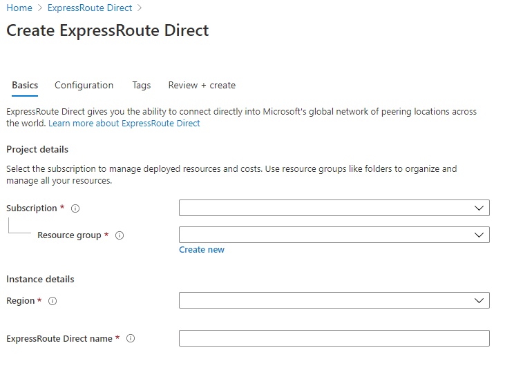 Screenshot of the basics page for create ExpressRoute Direct.