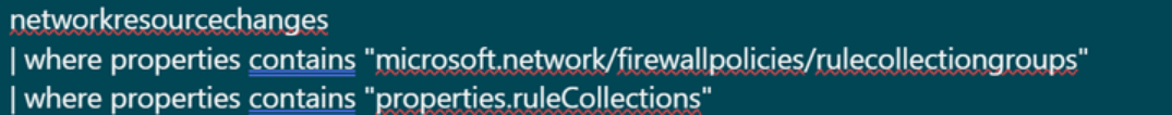 Azure Firewall 규칙 컬렉션 그룹의 변경 내용을 추적하는 Azure Resource Graph 쿼리의 스크린샷