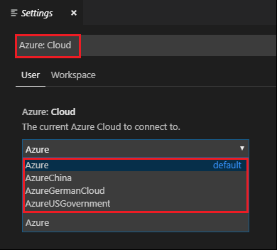 Visual Studio Code용 국가 Azure 클라우드 로그인을 선택하는 스크린샷.