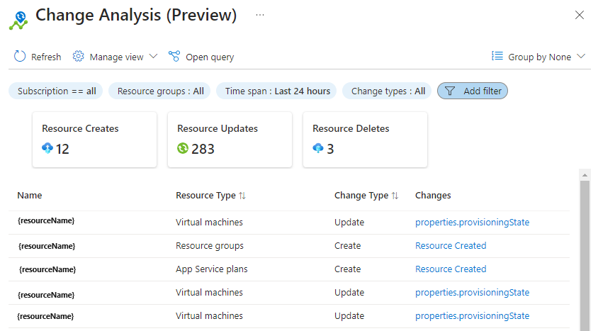 Azure Resource Graph 변경 분석 리소스의 스크린샷.