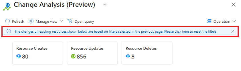 모든 리소스에서 필터를 다시 설정해야 할 수도 있음을 나타내는 배너의 스크린샷.