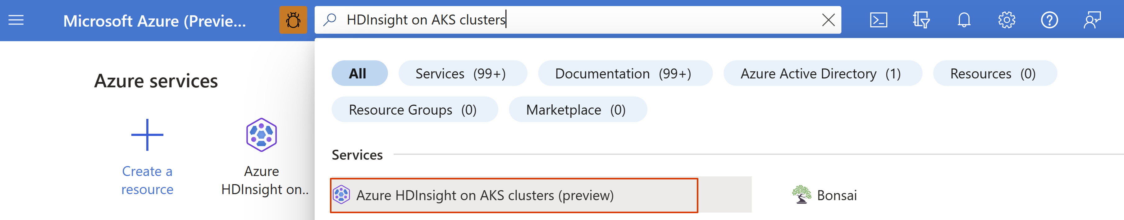 HDInsight on AKS 클러스터를 시작 위한 검색 옵션을 보여 주는 스크린샷.