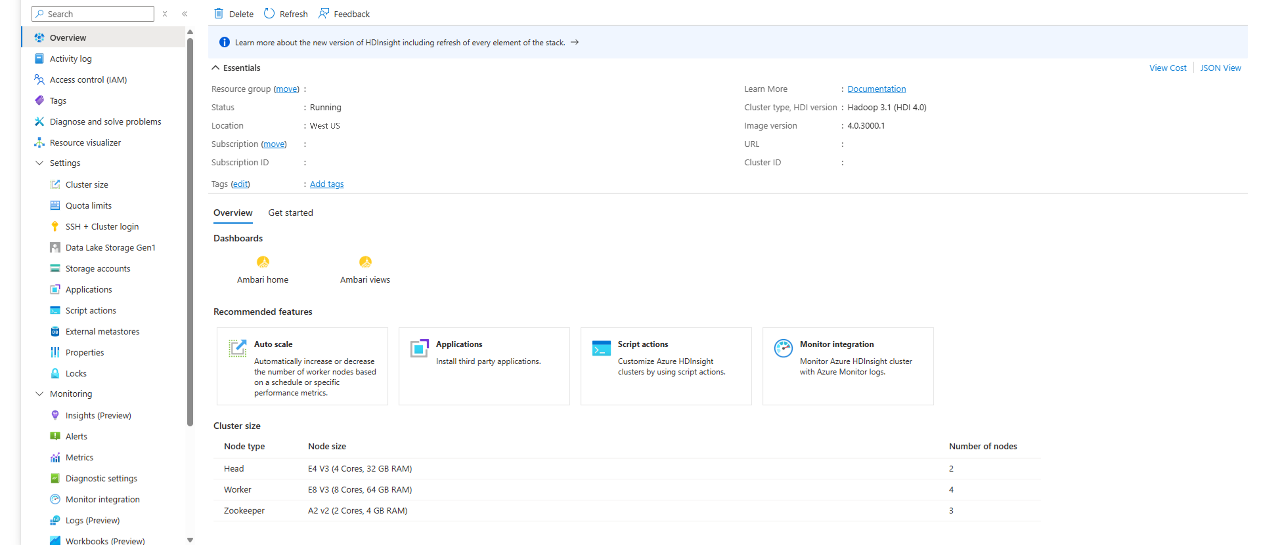 Azure Portal HDInsight 클러스터 요점.