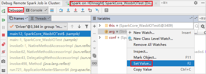 Intellij 디버그 원격 Spark 작업 집합 값입니다.