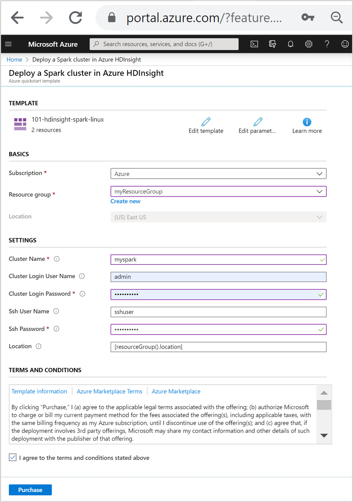 Azure Resource Manager 템플릿을 사용하여 HDInsight에서 Spark 클러스터를 만듭니다.