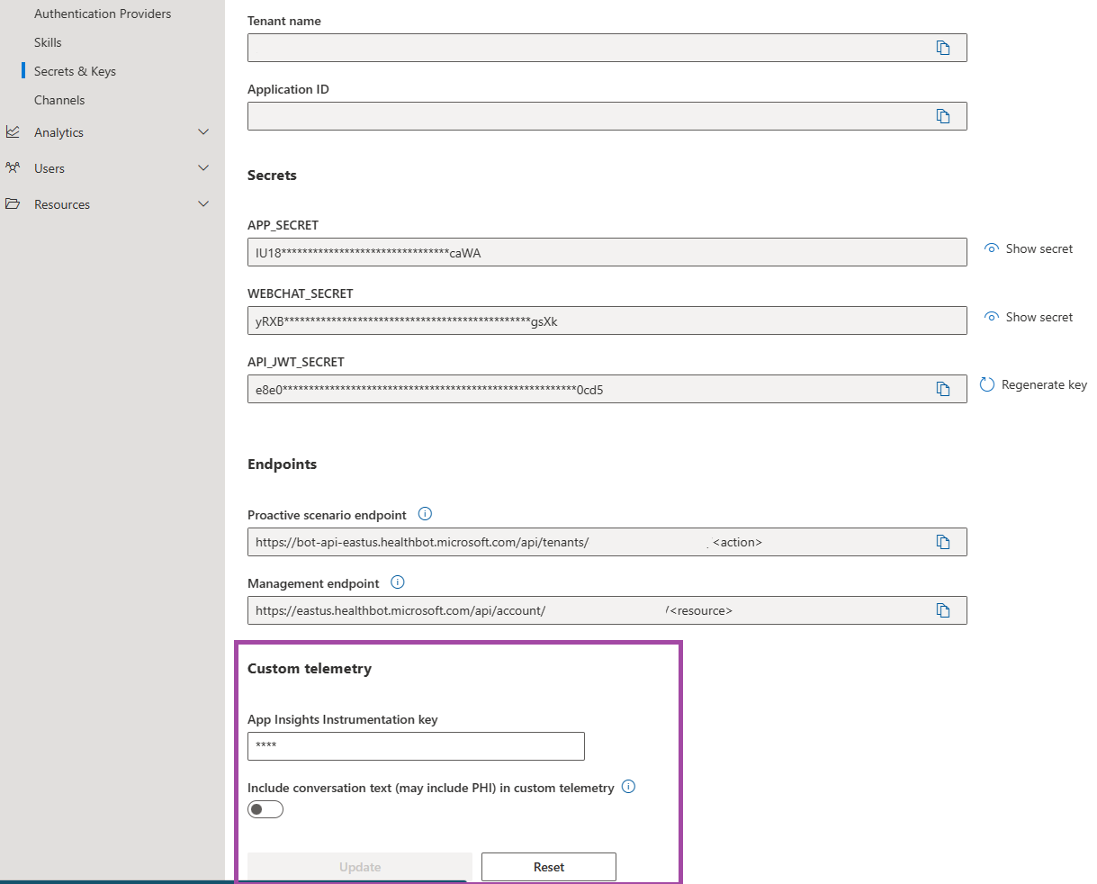 A screenshot of the custom telemetry configuration page