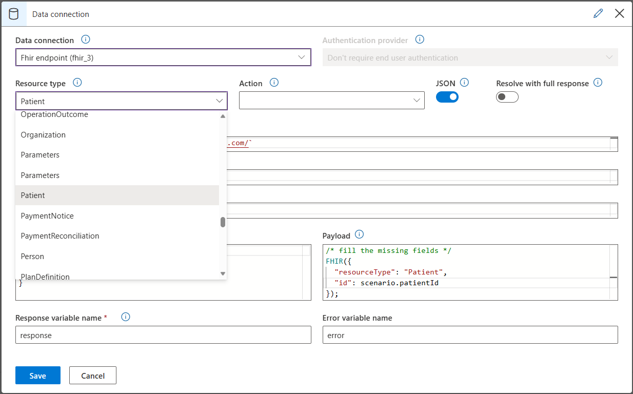 Screenshot of step level FHIR data connection settings on the scenario editor