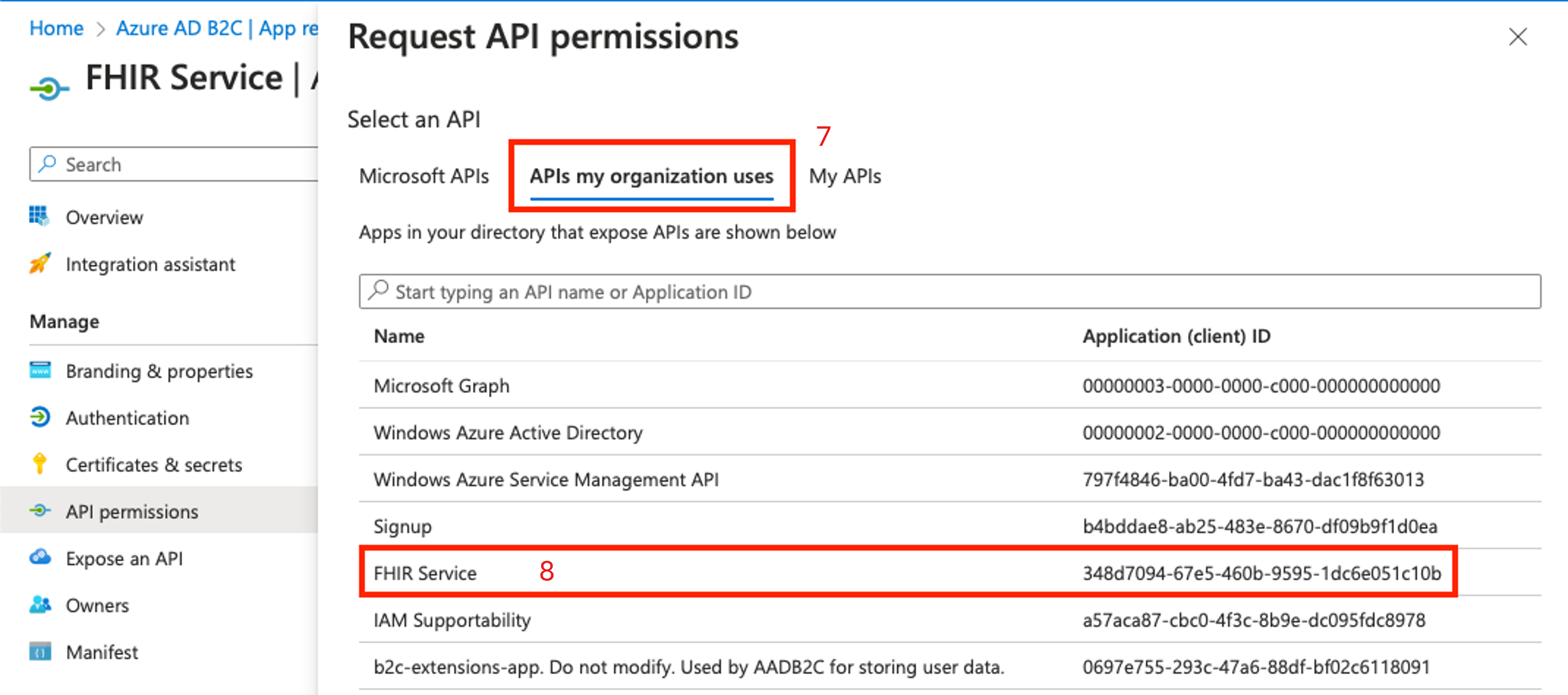 API가 사용된 B2C API 권한을 보여 주는 스크린샷.