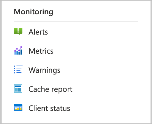 HPC Cache용 Azure Portal 인터페이스 왼쪽에 있는 모니터링 메뉴의 스크린샷.