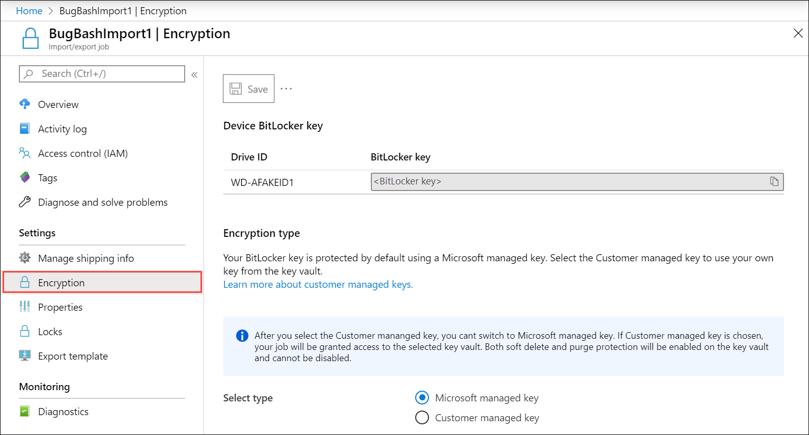 Azure Import/Export 주문에 대한 암호화 블레이드의 스크린샷. 암호화 메뉴 항목이 강조 표시됩니다.