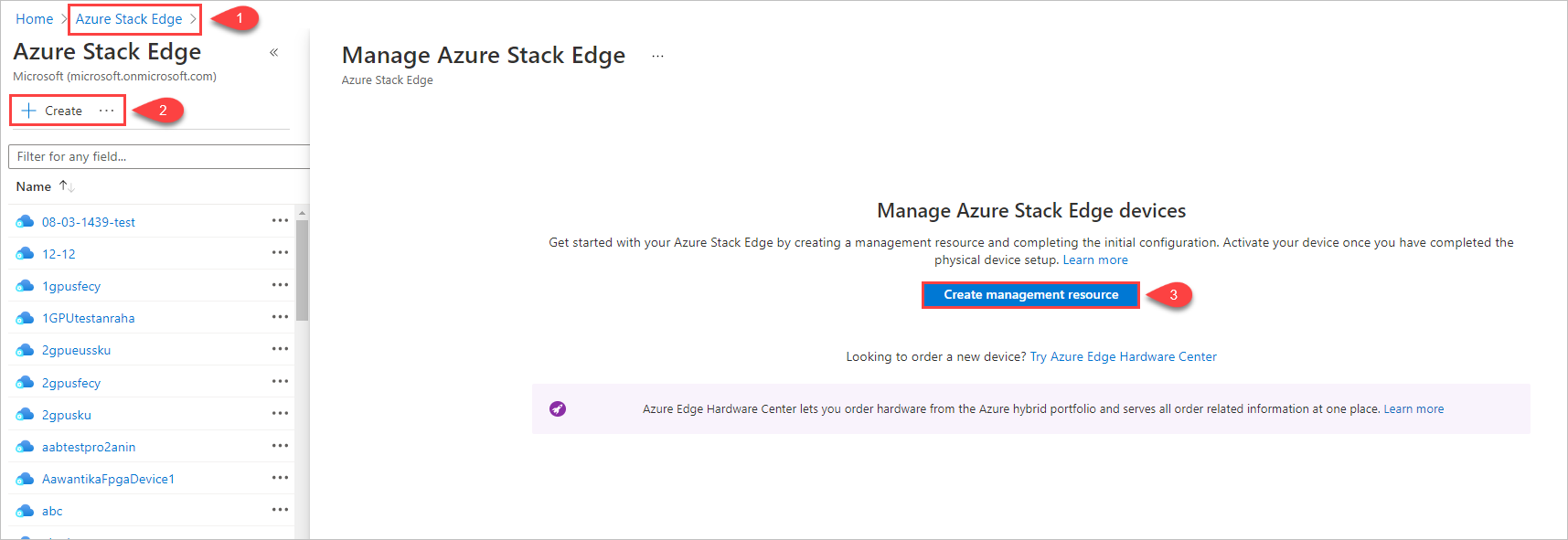 Azure Stack Edge에서 관리 리소스 만들기를 시작하기 위한 3단계를 보여주는 그림입니다.