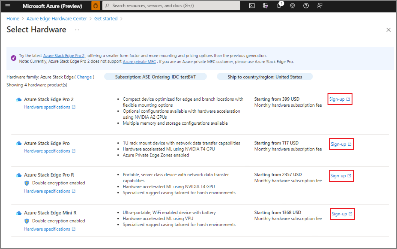 신규 고객 Azure Stack Edge 하드웨어 주문을 위한 웹 양식 스크린샷. 제품의 등록 버튼이 강조 표시되어 있습니다.