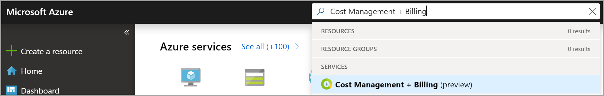 Cost Management + Billing에 대한 Azure Portal 검색을 보여 주는 스크린샷