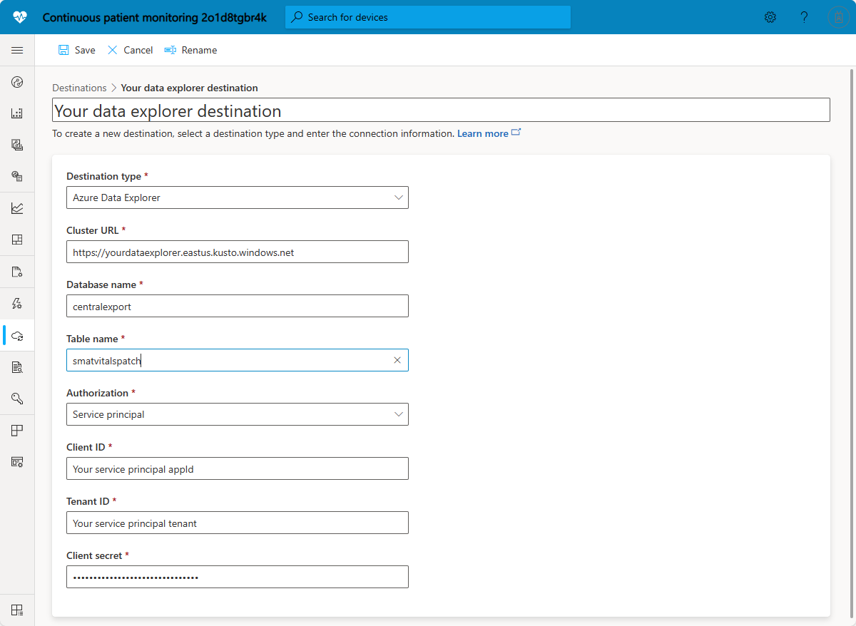 서비스 주체를 사용하는 Azure Data Explorer 내보내기 대상의 스크린샷.