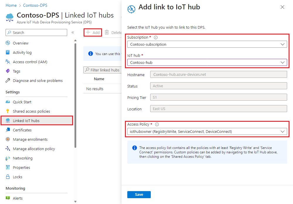 포털의 Device Provisioning Service 인스턴스에 IoT Hub를 연결하는 방법을 보여 주는 스크린샷