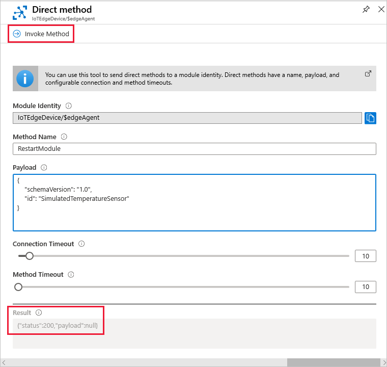 Azure Portal에서 직접 메서드 RestartModule을 호출하는 방법을 보여 주는 스크린샷.