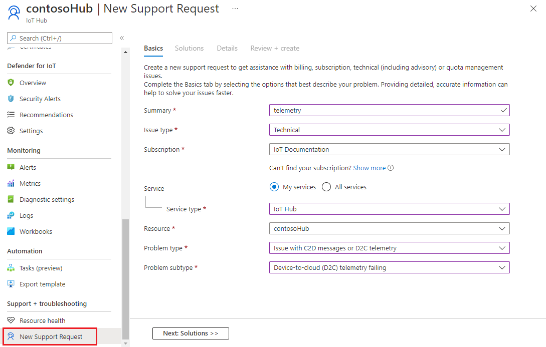 Azure Portal 지원 요청에서 문제 선택을 보여 주는 스크린샷