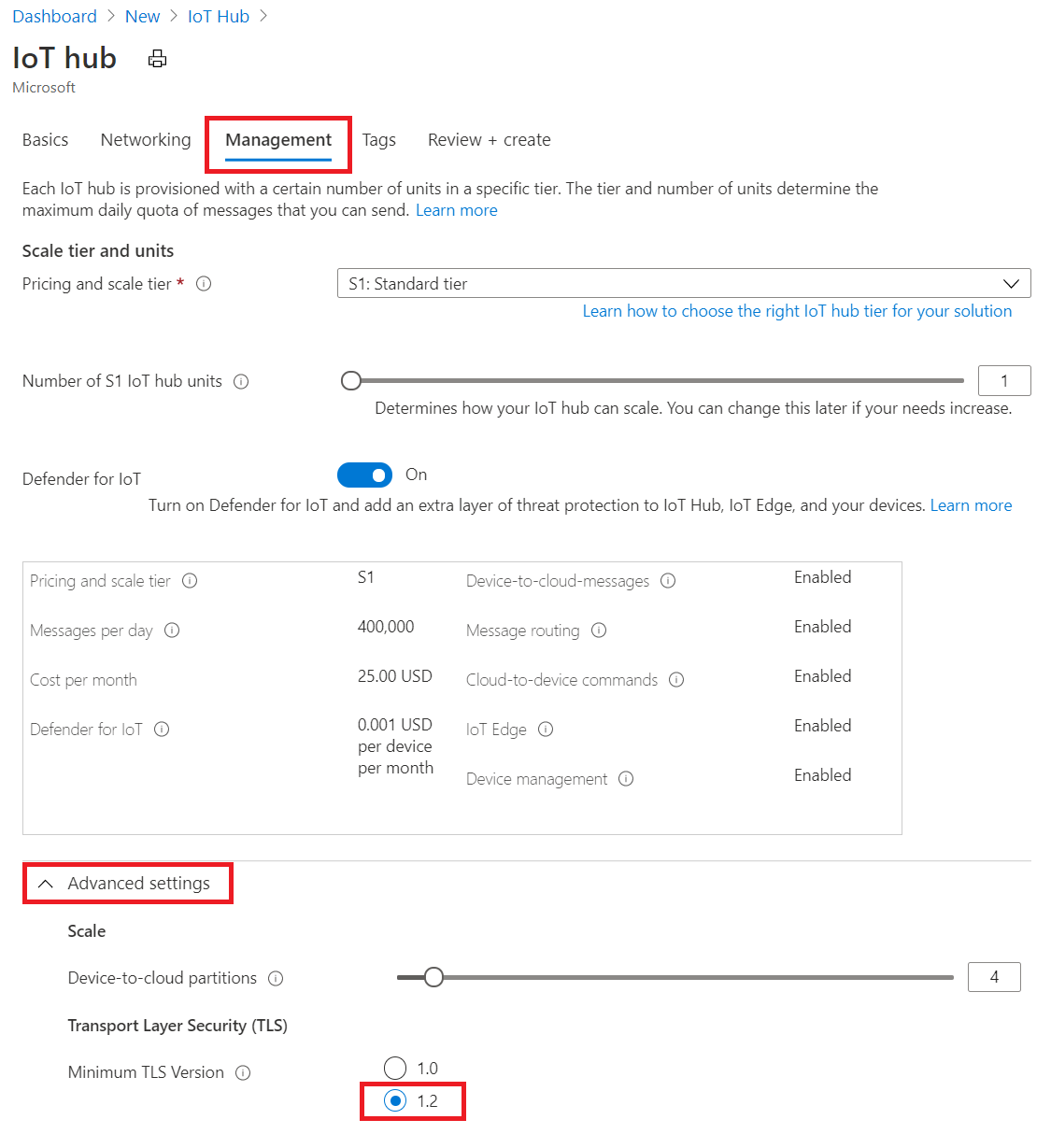 IoT Hub를 만드는 동안 TLS 1.2 적용을 설정하는 방법을 보여 주는 스크린샷