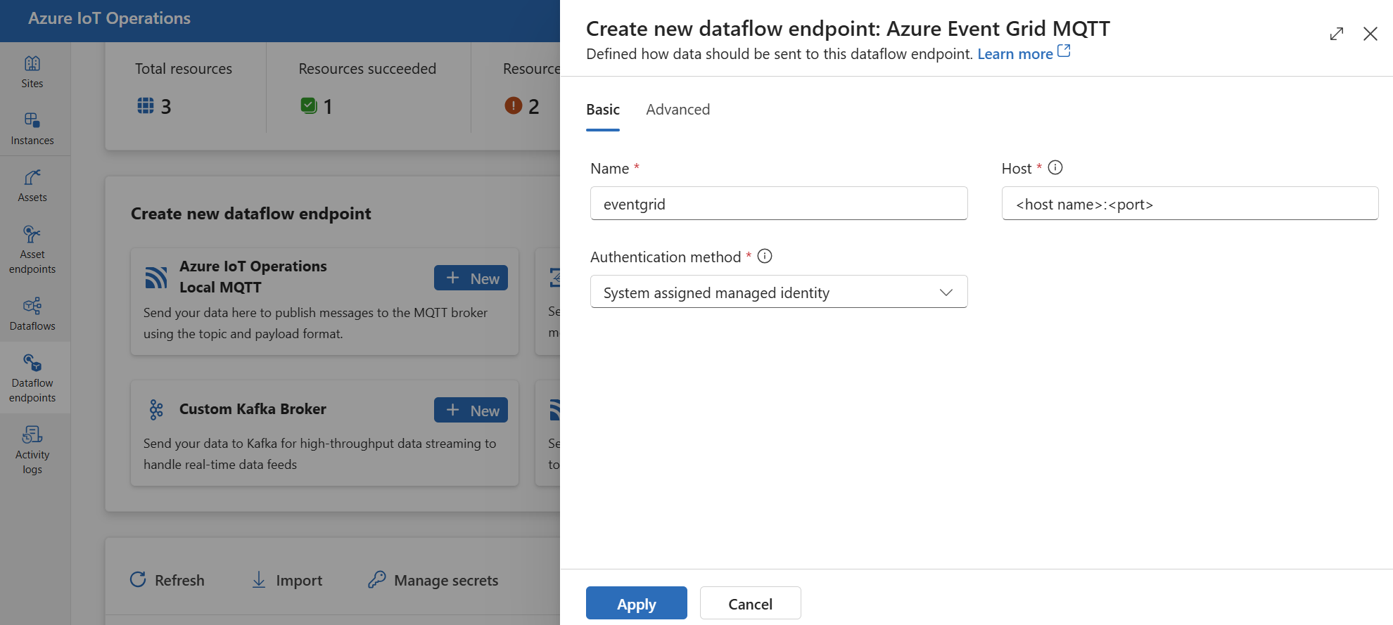 작업 환경을 사용하여 Azure Event Grid 엔드포인트를 만드는 스크린샷