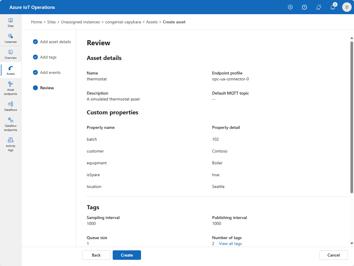 Azure IoT 작업 만들기 자산 검토 페이지의 스크린샷.