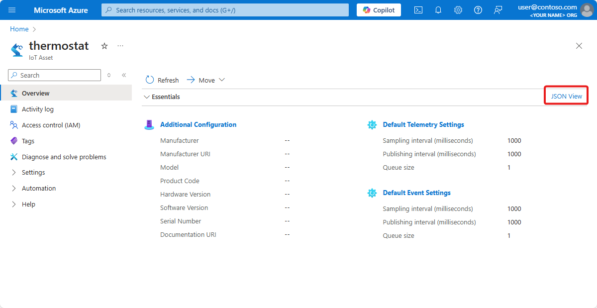 Azure Portal의 Azure IoT Operations 자산 세부 정보 스크린샷