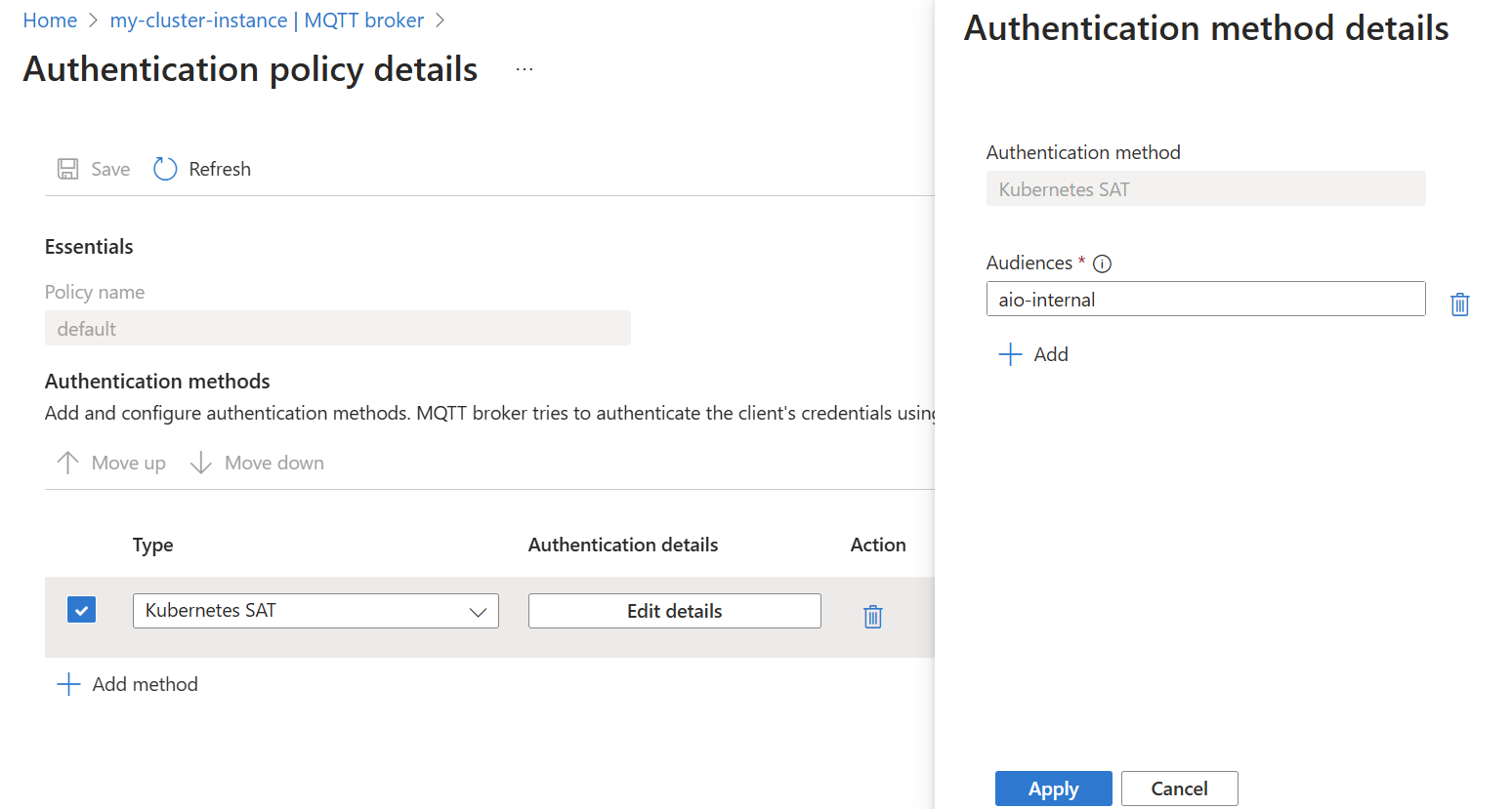 Azure Portal을 사용하여 기본 MQTT 브로커 인증 정책을 보는 스크린샷