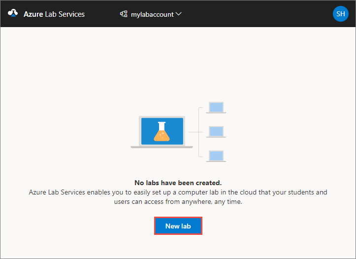 새 랩 단추가 강조 표시된 Azure Lab Services 웹 사이트를 보여 주는 스크린샷.