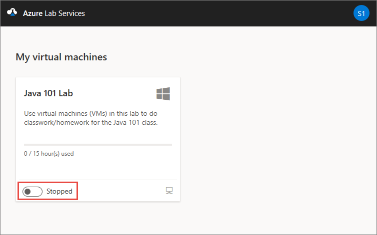 중지된 상태를 강조 표시하는 Azure Lab Services 웹 사이트의 내 가상 머신 페이지 스크린샷.