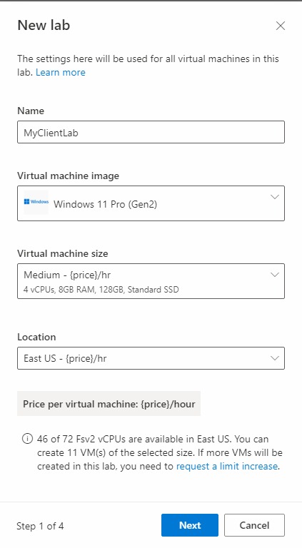 Azure Lab Services의 새 랩 창 스크린샷