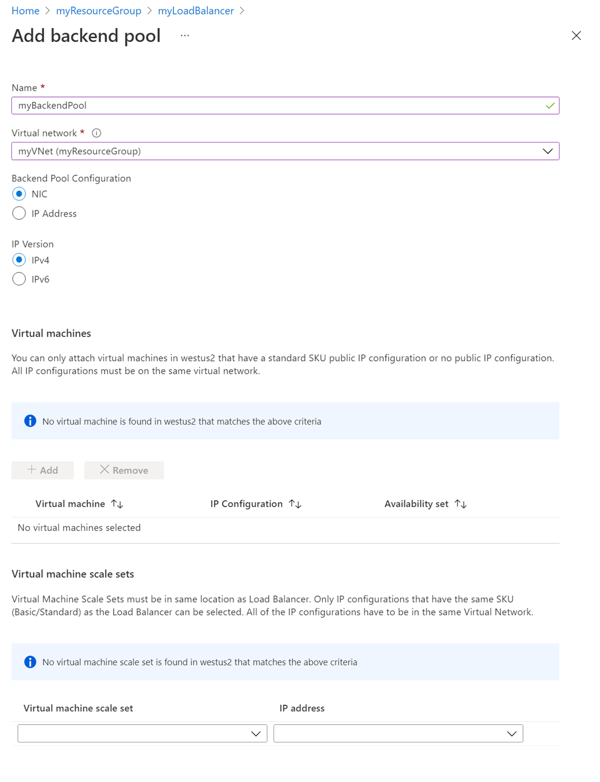 Create backend pool page.